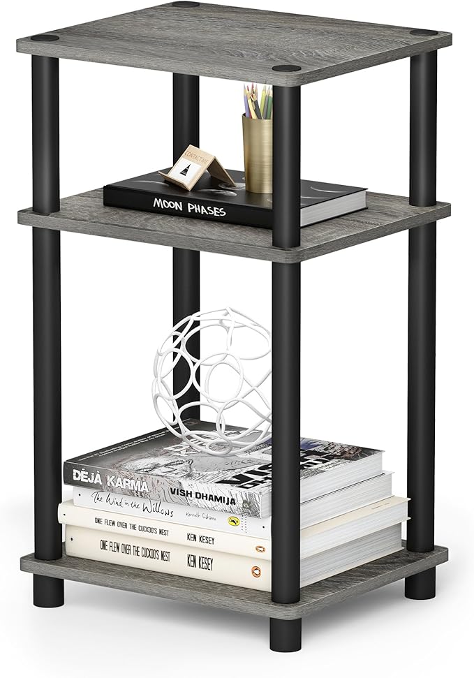 Furinno JUST Side Table Set of 2, 3-Tier Modern End Tables, Open Shelves Night Stand, Nightstand Set, Toolless Assembly, for Living Room, Bedroom, French Oak