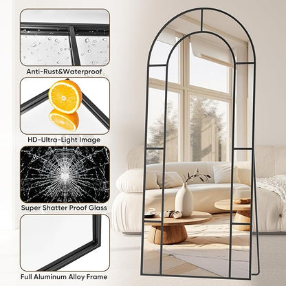 Antok 71" x 28" Full Length Mirror, Floor Mirror Arched Window Decorative Mirror, Metal Framed Decor Farmhouse Floor Mirrors Art Pane Mirrors Wall Decor for Bedroom, Living Room, Entryway Black