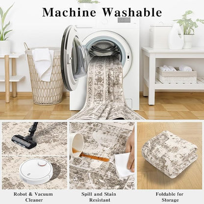 2x3 Vintage Washable Area Rugs for Entryway Soft Non-Slip Bath Mat Boho Medallion Distressed Retro Accent Carpet Floral Low Pile Indoor Throw Rug for Kitchen Laundry Living Room Bedroom, Taupe