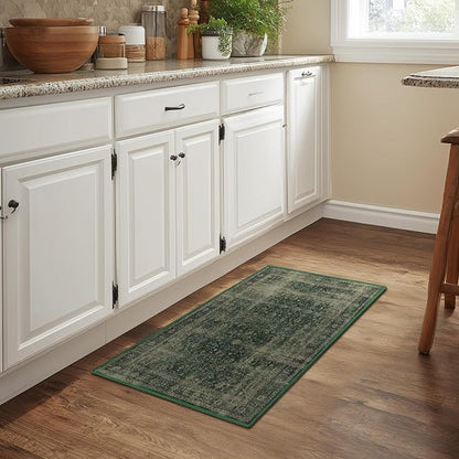 Dark Green 2x3 Small Entryway Rug, Distressed Vintage Front Door Mat Indoor Entrance Washable Low Pile, Kitchen Bathroom Throw Area Rugs Non Slip, Moody Decor Small Carpet for Bedroom
