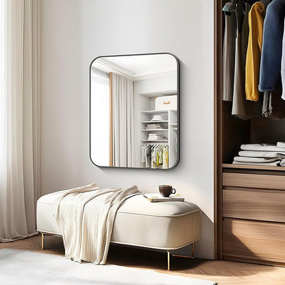 Bathroom Mirror, 30 x 24 inch Metal Framed Black Rectangle Mirror, Rounded Corner Rectangular Vanity Mirror, Wall Mounted Mirror for Modern Bedroom Living Room Hangs Horizontal or Vertical