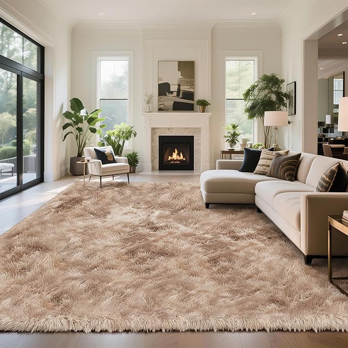 yongyangjuxin Fluffy Rug Shag Area Rug, Mottling Beige 9x12 Area Rugs for Living Room, Large Shag Area Rugs for Bedroom Kids Room Home Decor, Upgrade Anti-Skid Rectangular Fuzzy Rugs