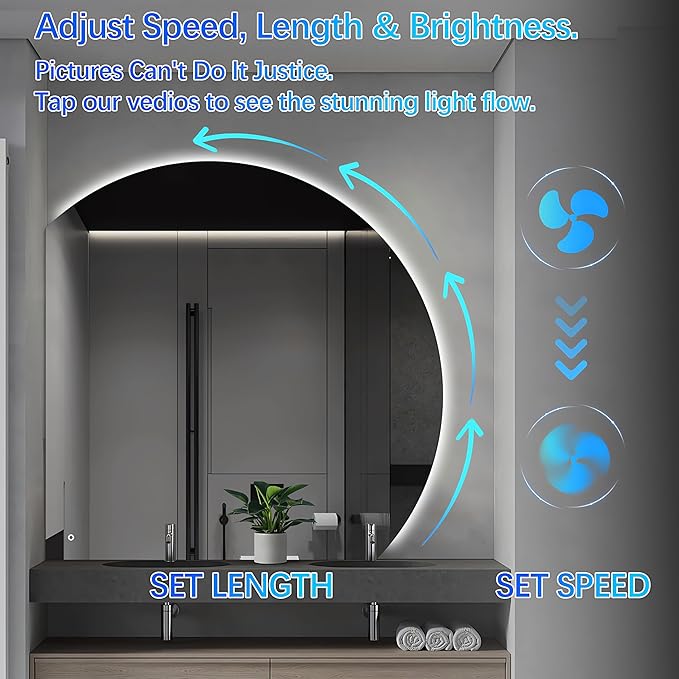 Niccy 32" LED Bathroom Mirror with Lights, Half Moon Led Mirrors, Irregular Backlit Mirrors for Entryway, Anti-Fog, Dimmable, Makeup Mirror, Explosion Proof, Round Lighted Vanity Mirrors, White Light