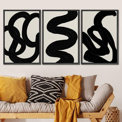 SIGNLEADER Framed Canvas Print Wall Art Set Duotone Minimal Dark Brush Stroke Landscape Abstract Shapes Illustrations Modern Art Boho Decorative for Living Room, Bedroom, Office - 16"x24"x3 BLACK