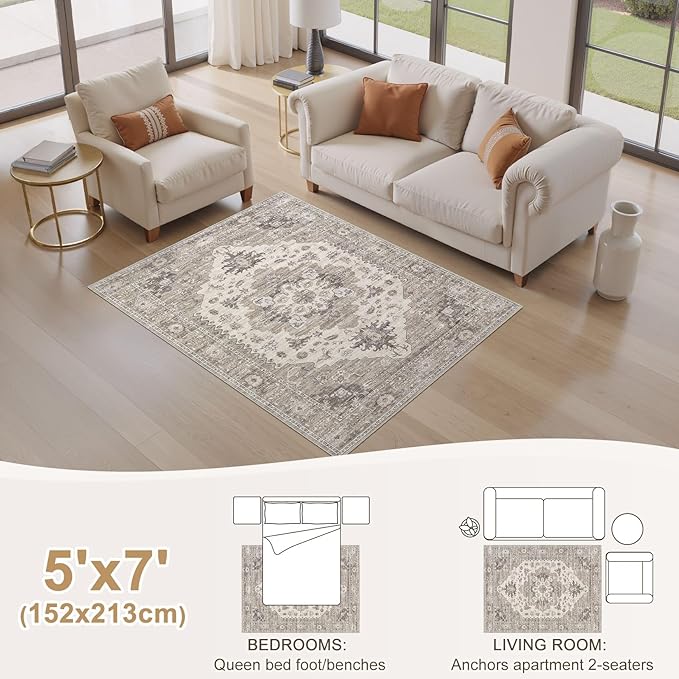 EIEIHOUSE Washable Area Rugs for Living Room - 5x7 Neutral Vintage Distressed Floral Farmhouse Boho Large Soft Floor Rug Indoor Non Slip Carpet for Living Room Bedroom Dining Room Office -Brown/Beige