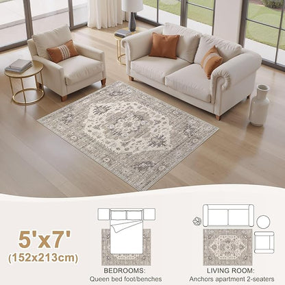 EIEIHOUSE Washable Area Rugs for Living Room - 5x7 Neutral Vintage Distressed Floral Farmhouse Boho Large Soft Floor Rug Indoor Non Slip Carpet for Living Room Bedroom Dining Room Office -Brown/Beige