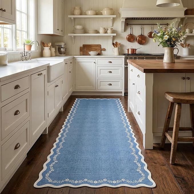GarveeHome 2.5x8 Scalloped Washable Runner Rug for Kitchen, Soft Blue Long Hallway Runner Non Slip Entryway Rug Farmhouse Thin Laundry Mat Stain Resistant Carpet for Bathroom Beside Rug