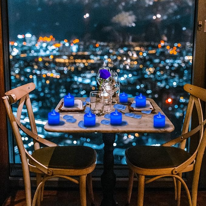 LANKER 500 PCS Blue Artificial Rose Petals with 24 PCS Bright Flickering Blue Flameless LED Tea Lights Candles (Blue Lights with Blue Rose Petals)