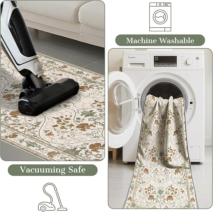 Floral 2x10 Runner Rug with Non Slip Low Pile Washable Entryway Rug,Soft Vintage Runner for Hallway Kitchen Living Room Bedroom Bathroom,Beige White
