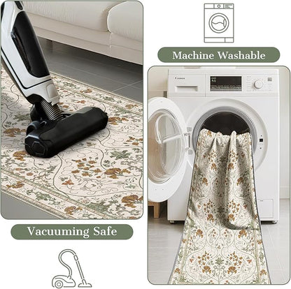 Floral 2x8 Runner Rug with Non Slip Low Pile Washable Entryway Rug,Soft Vintage Runner for Hallway Kitchen Living Room Bedroom Bathroom,Beige White