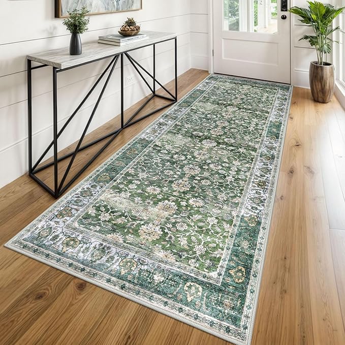 KUTA Vintage Wide Runners for Hallways 3x8 ft Green Washable Kitchen Runner Non Slip Rubber Backed Hall Runners Entryway Runner Rugs Floor Carpet for Indoor Backdoor Bedroom Kitchen
