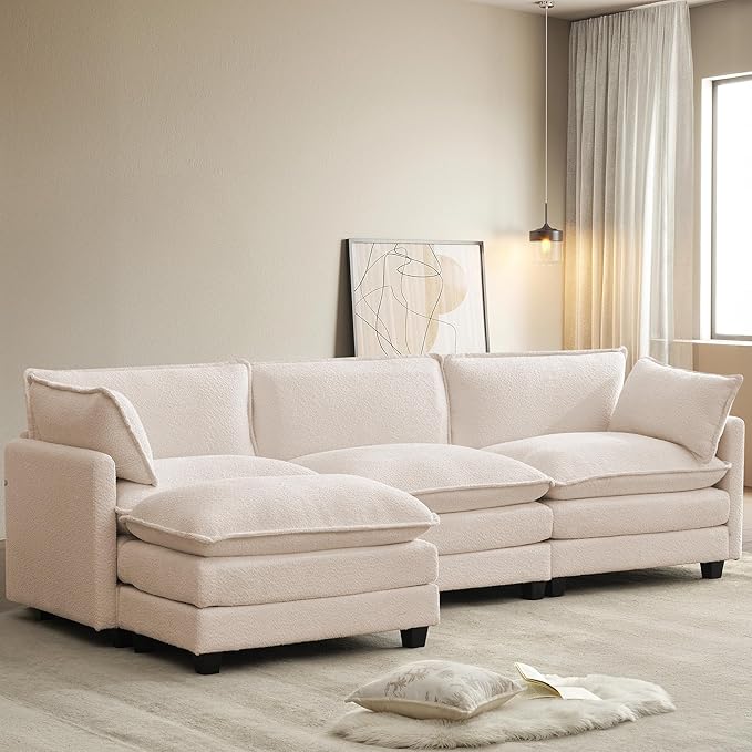 ROWHY 112'' Modular Sectional Cloud Couch with Movable Ottoman, 4 Seat Modern Chenille Sofa with 2 Throw Pillows, Deep Seat L Shaped Couch for Living Room Bedroom Apartment, Beige | Arrange Freedom