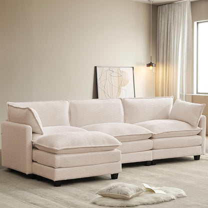 ROWHY 112'' Modular Sectional Cloud Couch with Movable Ottoman, 4 Seat Modern Chenille Sofa with 2 Throw Pillows, Deep Seat L Shaped Couch for Living Room Bedroom Apartment, Beige | Arrange Freedom