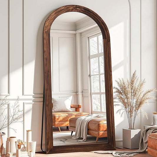 Antok Full Length Mirror with Solid Wood Frame, 71"×32" Wall Mounted Oversized Floor Mirror with Stand, Leaning Standing Hanging for Bedroom Living Room Entryway, Walnut, Arched Syle