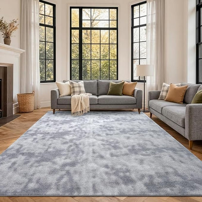 FinRèc 7x10 Washable Area Rugs for Bedroom Living Room, Low Pile Thin Ultra Soft Shag Rug, Non-Slip Carpet Indoor for Home Decor (Tie-dye Grey)