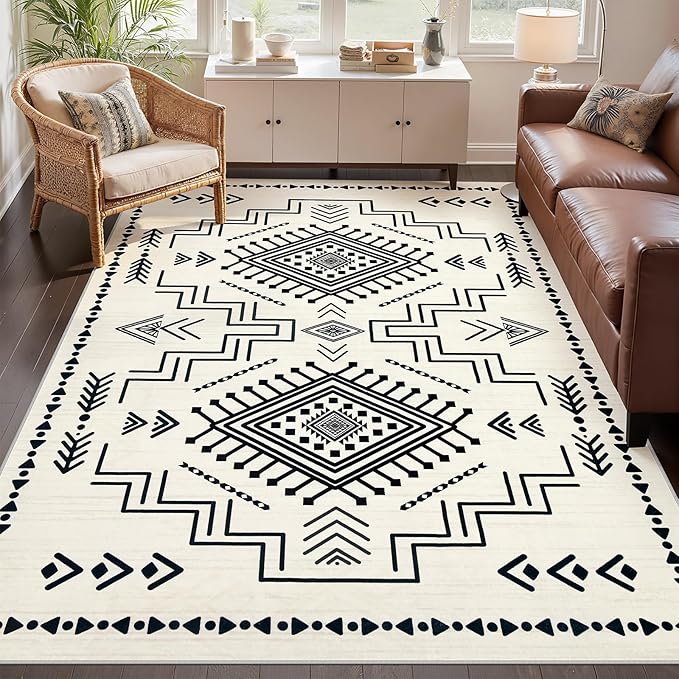 Joydeco 5x7 Moroccan Living Room Rugs, Modern Washable Bedroom Rug, Western Low Pile Non Shedding Distressed Aztec Dining Room, Aztec Soft Non Slip Carpet for Office Home Decor, Ivory