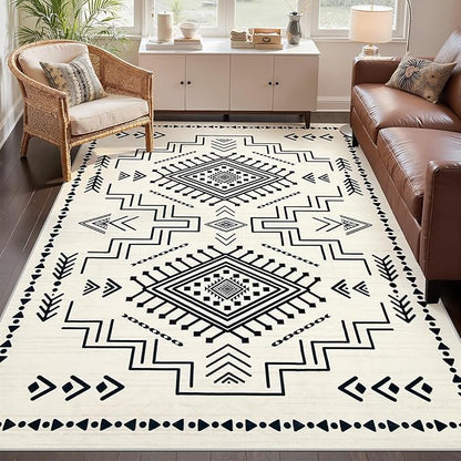 Joydeco 5x7 Moroccan Living Room Rugs, Modern Washable Bedroom Rug, Western Low Pile Non Shedding Distressed Aztec Dining Room, Aztec Soft Non Slip Carpet for Office Home Decor, Ivory