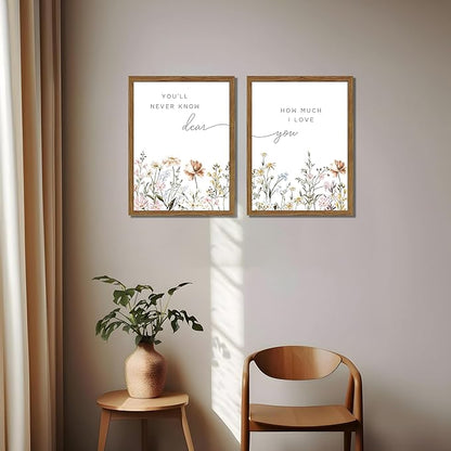 Wood Framed Wildflower Nursery Wall Art Set of 2, Boho Flower Botanical Wall Decor Paintings, Baby Girl Nurseries Pictures Posters Prints for Nursery Baby Room Bedroom Home Decoration 16x24 Inch