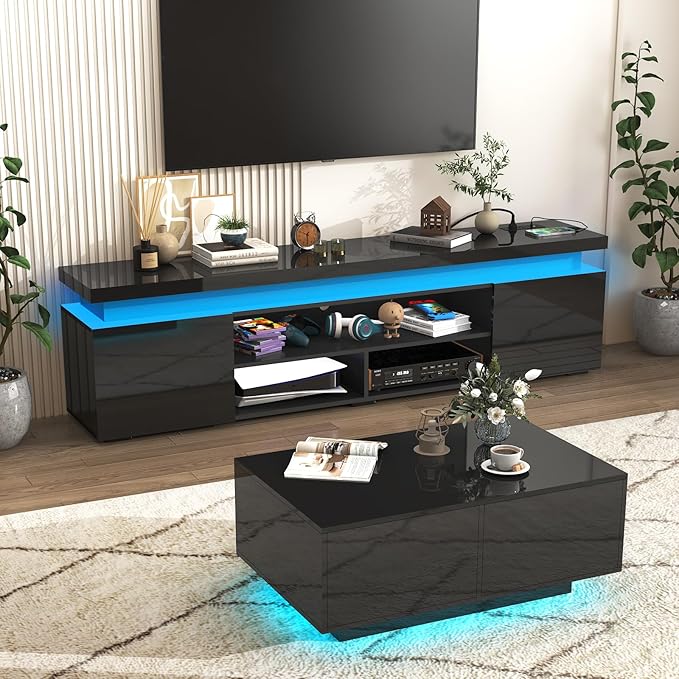 Hlivelood LED TV Stand for 85 Inch TV, Modern TV Stand with Power Outlet, High Gloss TV Console Entertainment Center with Storage and LED Lights for Living Room, Bedroom (73 Inch, Black)