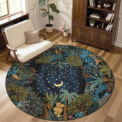 GarveeHome Round Area Rugs 5ft for Bedroom, Green Jungle Washable Circle Rug Soft Non Slip Forest Animal Print Floor Mat Tiger Carpet Indoor Thin Rug for Kids Room Dining Room Playroom Nursery