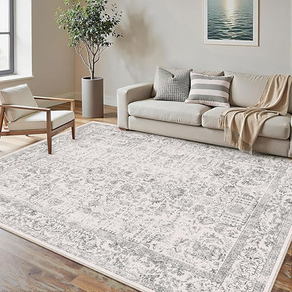 PureCozy Gray Area Rug 5x7 Machine Washable Vintage Living Room Distressed Non Slip Carpet Traditional Indoor Bedroom Grey Retro Floral Accent Throw Large Rug for Office Kitchen Bathroom Dining Room