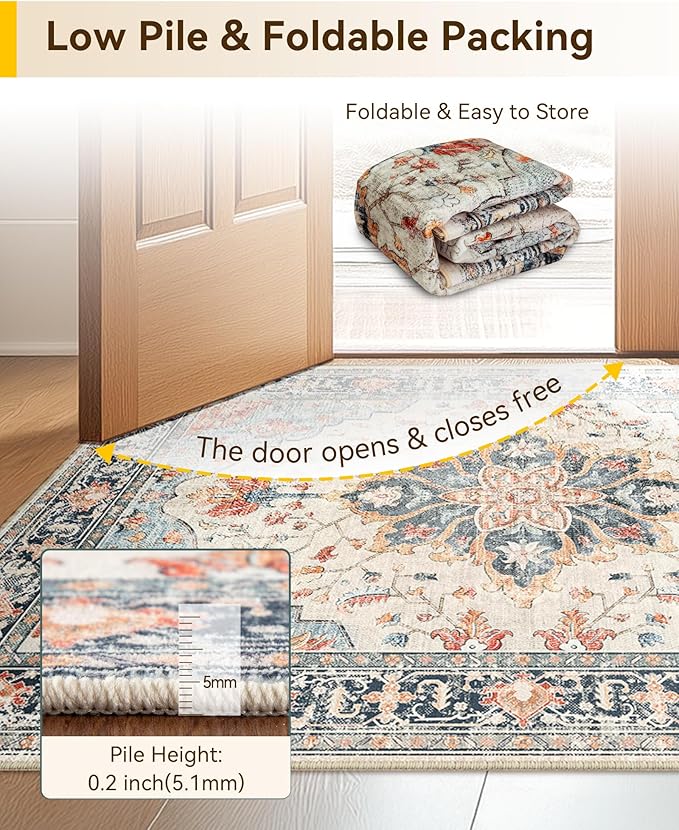 RELEANY Area Rugs 2'6"x5' Runner Rug Non Slip Washable for Kitchen Hallway Bedroom Beside Laundry Room Bathroom Rug, Floor Carpet, Beige Navy Blue Orange Colorful