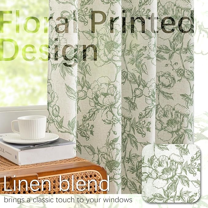 Green Floral Curtains for Living Room 90 Inches Long French Country Green Peony Print on Beige Linen Curtains Light Filtering Cottage Window Treatment Farmhouse Drapes,Pack-2,50" W X 90" L