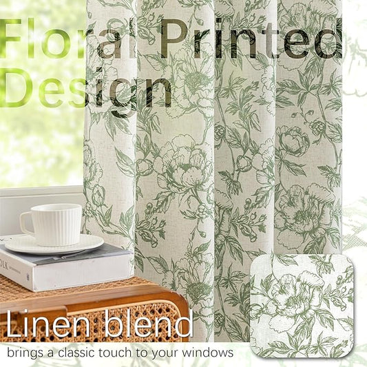 Green Floral Curtains for Living Room 90 Inches Long French Country Green Peony Print on Beige Linen Curtains Light Filtering Cottage Window Treatment Farmhouse Drapes,Pack-2,50" W X 90" L