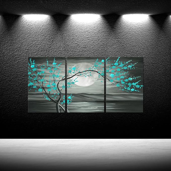 iKNOW FOTO 3pcs Grey and Teal Floral Canvas Prints Framed Plum Blossom Tree Oil Painting Printed on Canvas Gallery Wrapped Full Moon Flower Pictures Living Room Traditional Paintings 16x24x3pcs