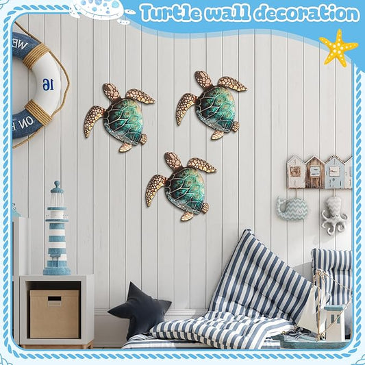 Tatuo 3 Pcs Summer Coastal Wall Decor Bathroom Beach Blue Wall Art Sea Turtle Surfboard Seahorse Starfish Seashell Conches Crabs Sea Life Decor for Bedroom Home (Classic Turtle Style)
