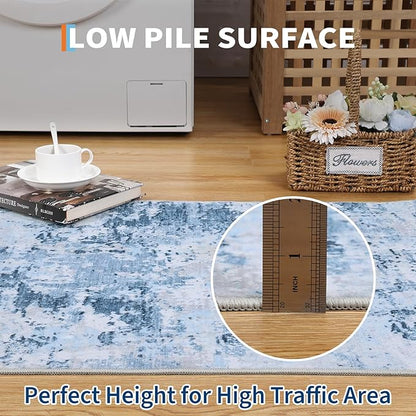 ROYHOME Modern Abstract Runner Rug 2x5 Washable Non Slip Stain Resistant Rug for Bedroom Living Room Non Shedding Low Pile Indoor Floor Cover,Light Blue