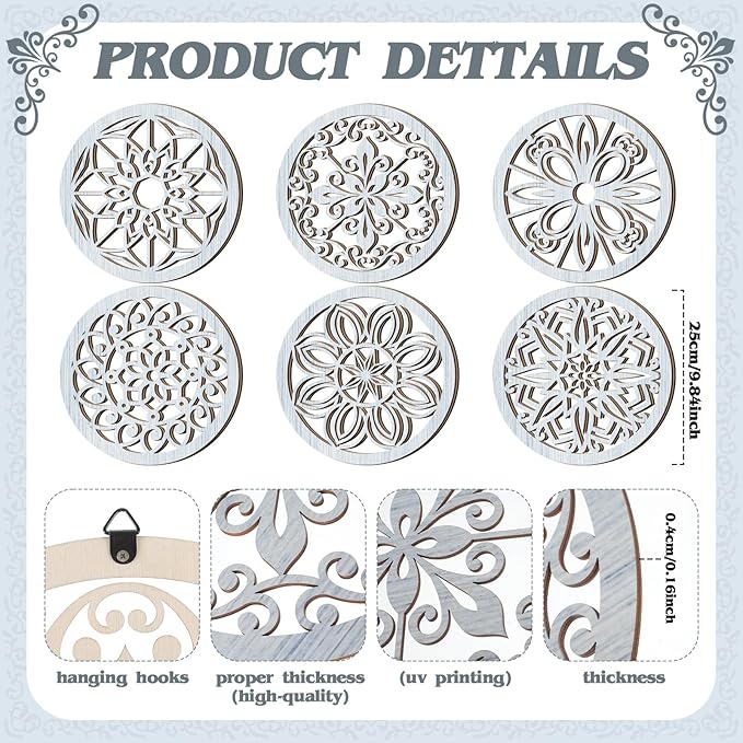 Ferraycle 6 Pieces Thicken Rustic Wall Decor Farmhouse Wall Art Wooden Round Art Hanging Decoration Hollow Carved for Living Room Bedroom Kitchen Office Apartment Hallway(Retro Grey)