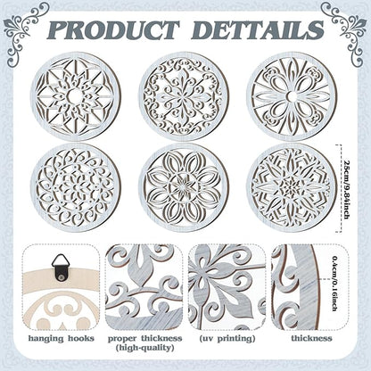 Ferraycle 6 Pieces Thicken Rustic Wall Decor Farmhouse Wall Art Wooden Round Art Hanging Decoration Hollow Carved for Living Room Bedroom Kitchen Office Apartment Hallway(Retro Grey)