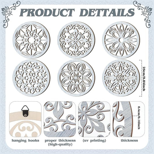 Ferraycle 6 Pieces Thicken Rustic Wall Decor Farmhouse Wall Art Wooden Round Art Hanging Decoration Hollow Carved for Living Room Bedroom Kitchen Office Apartment Hallway(Retro Grey)