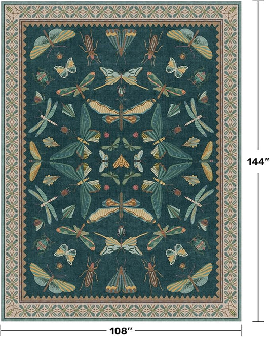 Hazo Haus 9x12 Large Living Room Rug - Dark Teal Multi Dining Room Rugs for Under Table, Bedroom, Kids Room, Classroom, Insect Butterfly Floral Décor, Lightweight Non Slip Low Pile