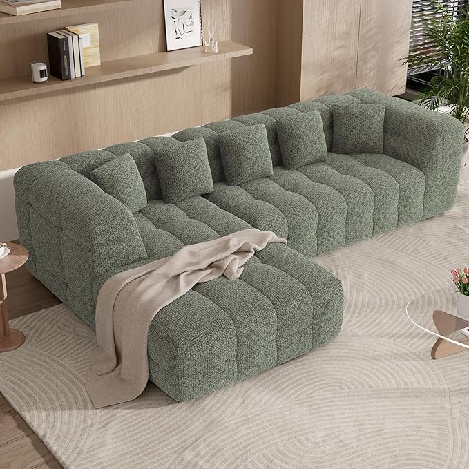 107" Modern Boneless Couch with L - Shaped Chaise, Comfy Chenille Modular Sectional Sofa with Tufted Design, Deep Seat Upholstered Sofa Bed, No - Assembly Sectional Couch, Green