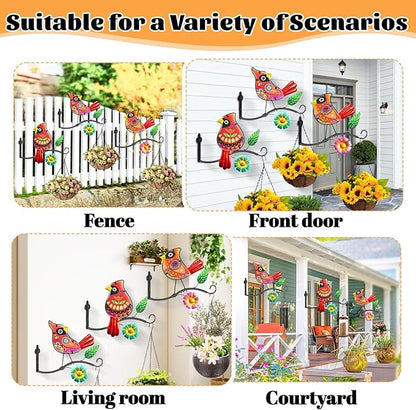 Metal Birds Wall Art Decor with Hanging Hooks, 3D Colorful Bird Outdoor Hanging Wall Art Patio Fence Decorations, Plant Bracket for Planters Wind Chimes Lanterns Garden Patio Decor (Cardinal)