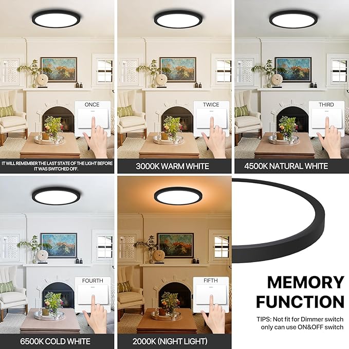 2Pack Dimmable LED Flush Mount Ceiling Light Fixture with Remote Control, 24W 2640LM, 12Inch, 2000K Warm Night Light & 3000K-6500K, Modern Super Slim Ceiling Lamp for Bedroom Kitchen, Black