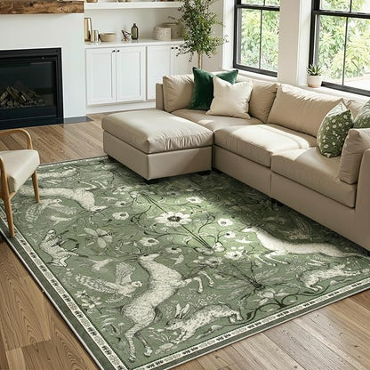 Lahome 8x10 Area Rug for Living Room, Dorval Washable Boho Deer Rug, Vintage Botanical Green Non Slip Low Pile Large Carpet for Bedroom Dining Room Office Nursery Farmhouse Decor