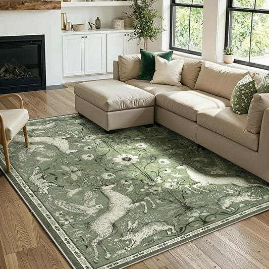Lahome 8x10 Area Rug for Living Room, Dorval Washable Boho Deer Rug, Vintage Botanical Green Non Slip Low Pile Large Carpet for Bedroom Dining Room Office Nursery Farmhouse Decor