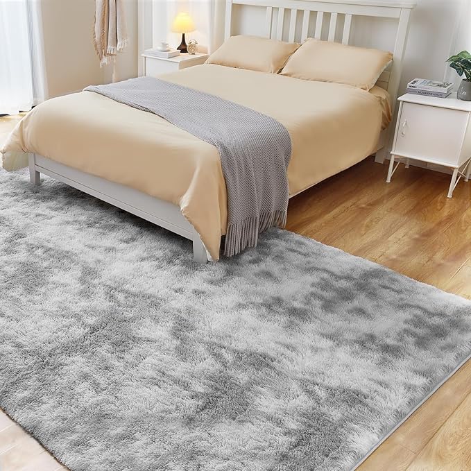 Puremy 8x10 Area Rugs for Living Room, Ultra Soft Fluffy Rugs for Bedroom, Anti-Skid High Pile Indoor Carpet for Nursery, Study Room, Playroom, Home Decoration, Tie-Dyed Light Grey