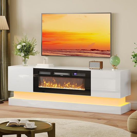 WelFurGeer 36" Electric Fireplace TV Stands with LED Lights, High-Gloss Modern Media Console Table for TV up to 75", White Fireplace TV Stand with Storage, Entertainment Center for Living Room