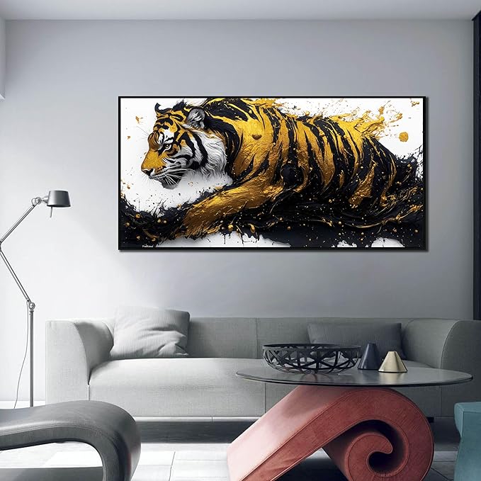 Tiger Art Wall Decor for Living Room - Modern Black and Gold Wall Decor for Bedroom - Large Framed Wall Art for Office Size 29" x 59"