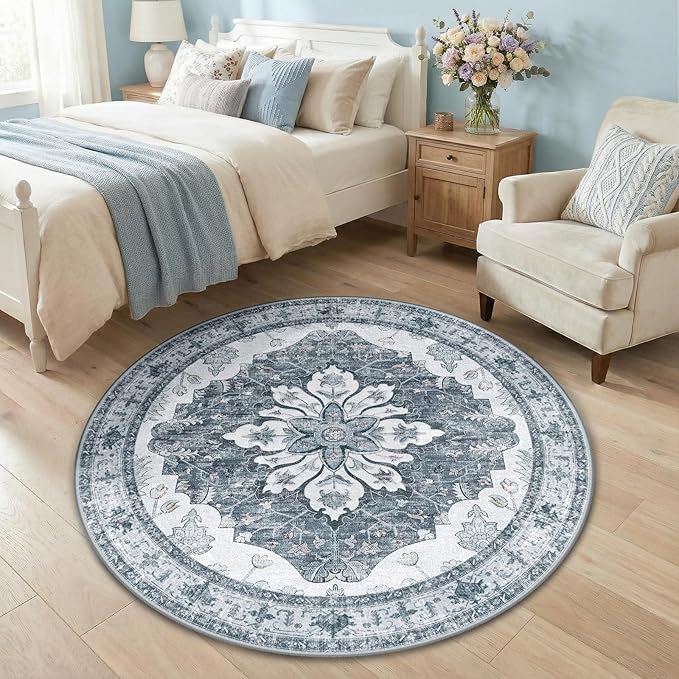RELEANY Area Rugs Round 4ft Washable Non-Slip, Floral Vintage Distress Print Pattern Medallion Carpet for Living Room Bedroom Dining Room, Light Gray Grey White