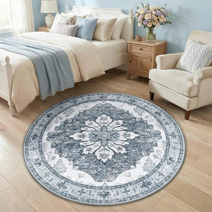 RELEANY Area Rugs Round 4ft Washable Non-Slip, Floral Vintage Distress Print Pattern Medallion Carpet for Living Room Bedroom Dining Room, Light Gray Grey White