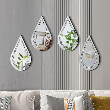 Yookeer 4 Pcs Silver Mirror Wall Decor Tear Drop Diamond Mirrors 11.8 x 6.7 Inches for Living Room Bedroom Bathroom Wall Decoration