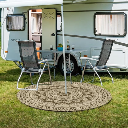 Easy Jute Outdoor Round Rug, 5ft Washable Indoor Outdoor Patio Rug, Brown Non Slip Round Area Rug Farmhouse, Boho Carpet for Backyard Patio