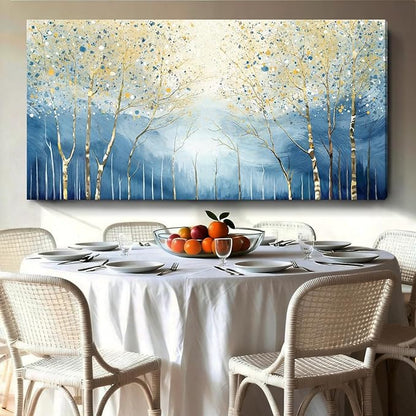Oversized Abstract Plant Wall Art For The Living Room, Blue And Yellow Birch Forest Canvas Print, Modern Natural Horizontal Wall Decor For Bedrooms, Bathrooms, Dining Rooms, And Entryways. 58X29 Inches.