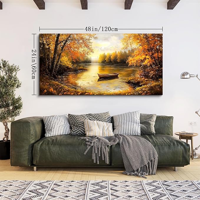SERIMINO Fall Wall Art, Landscape Wall Art, Large Wall Decor, Lake Boat Forest Canvas Art Prints, Gold Autumn Nature Pictures, Rustic Paintings for Living Room Bedroom Dining Room Office Farmhouse 24"X48"