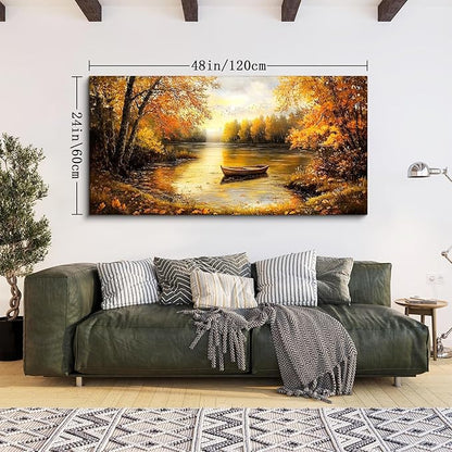 SERIMINO Fall Wall Art, Landscape Wall Art, Large Wall Decor, Lake Boat Forest Canvas Art Prints, Gold Autumn Nature Pictures, Rustic Paintings for Living Room Bedroom Dining Room Office Farmhouse 24"X48"